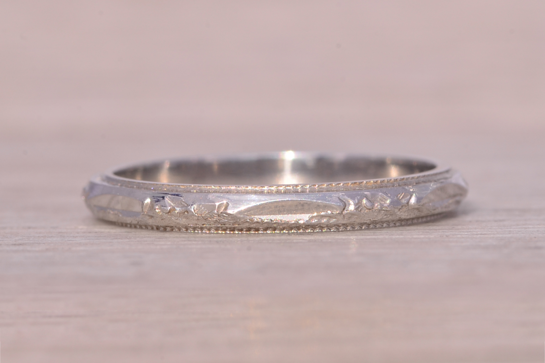 The Jib: Antique Art Deco Era Platinum Wedding Band with Hand Engraving - Image 5