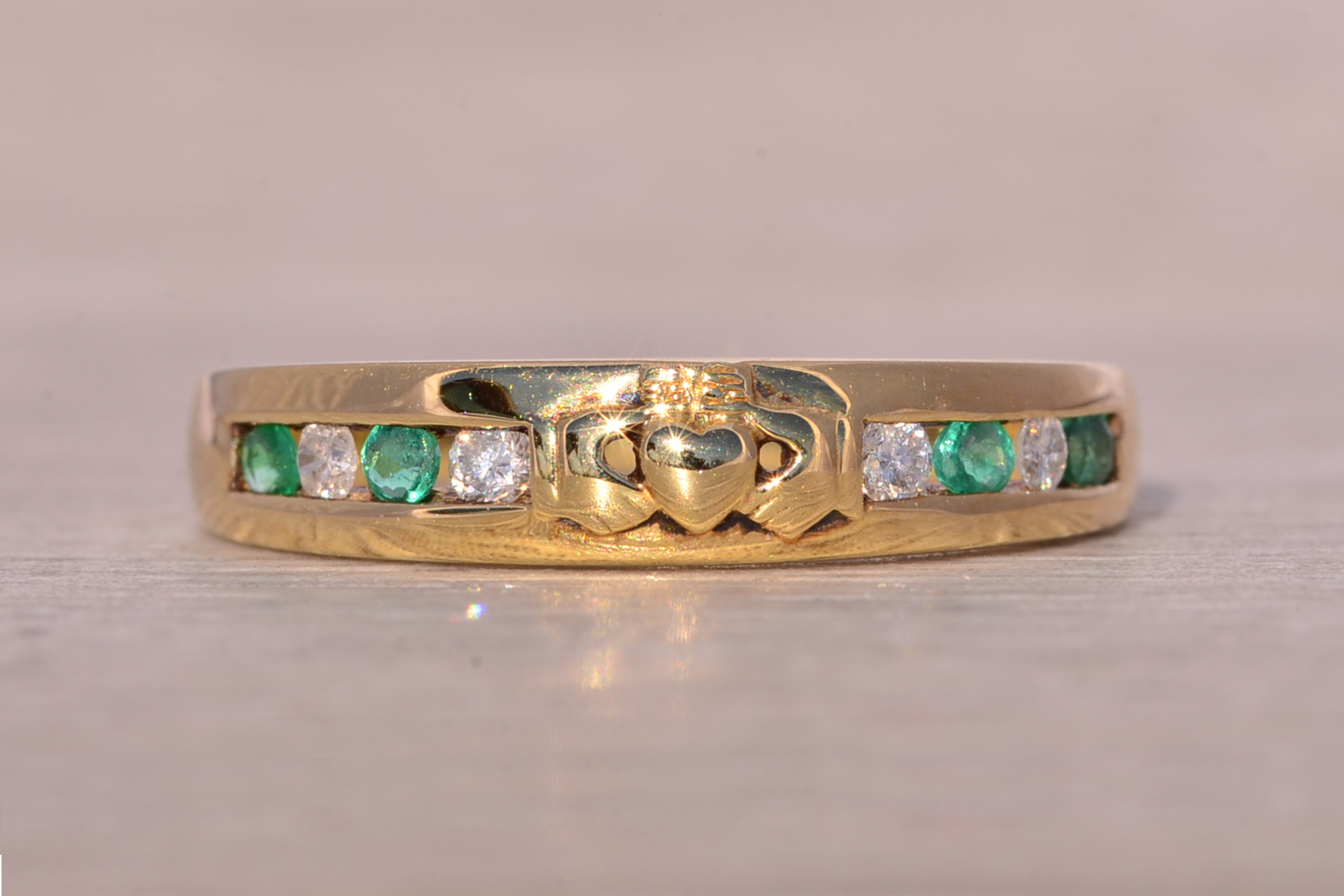 SOLD - The Deepi: Irish Made Claddagh Ring with Emeralds and Natural Diamonds in Yellow Gold - Image 2
