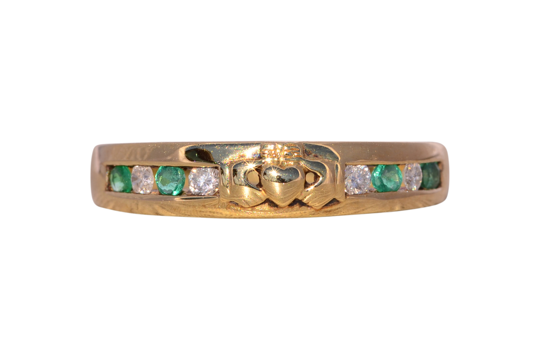 SOLD - The Deepi: Irish Made Claddagh Ring with Emeralds and Natural Diamonds in Yellow Gold