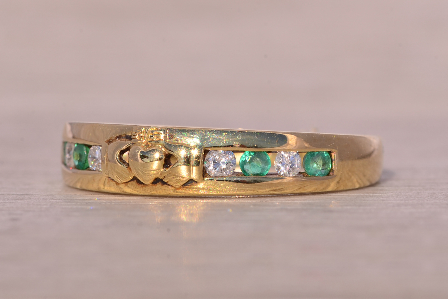 SOLD - The Deepi: Irish Made Claddagh Ring with Emeralds and Natural Diamonds in Yellow Gold - Image 3