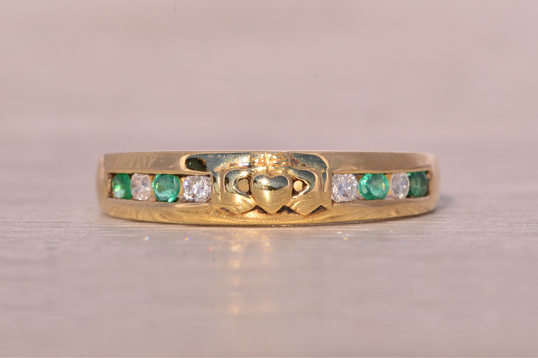 SOLD - The Deepi: Irish Made Claddagh Ring with Emeralds and Natural Diamonds in Yellow Gold - Image 7