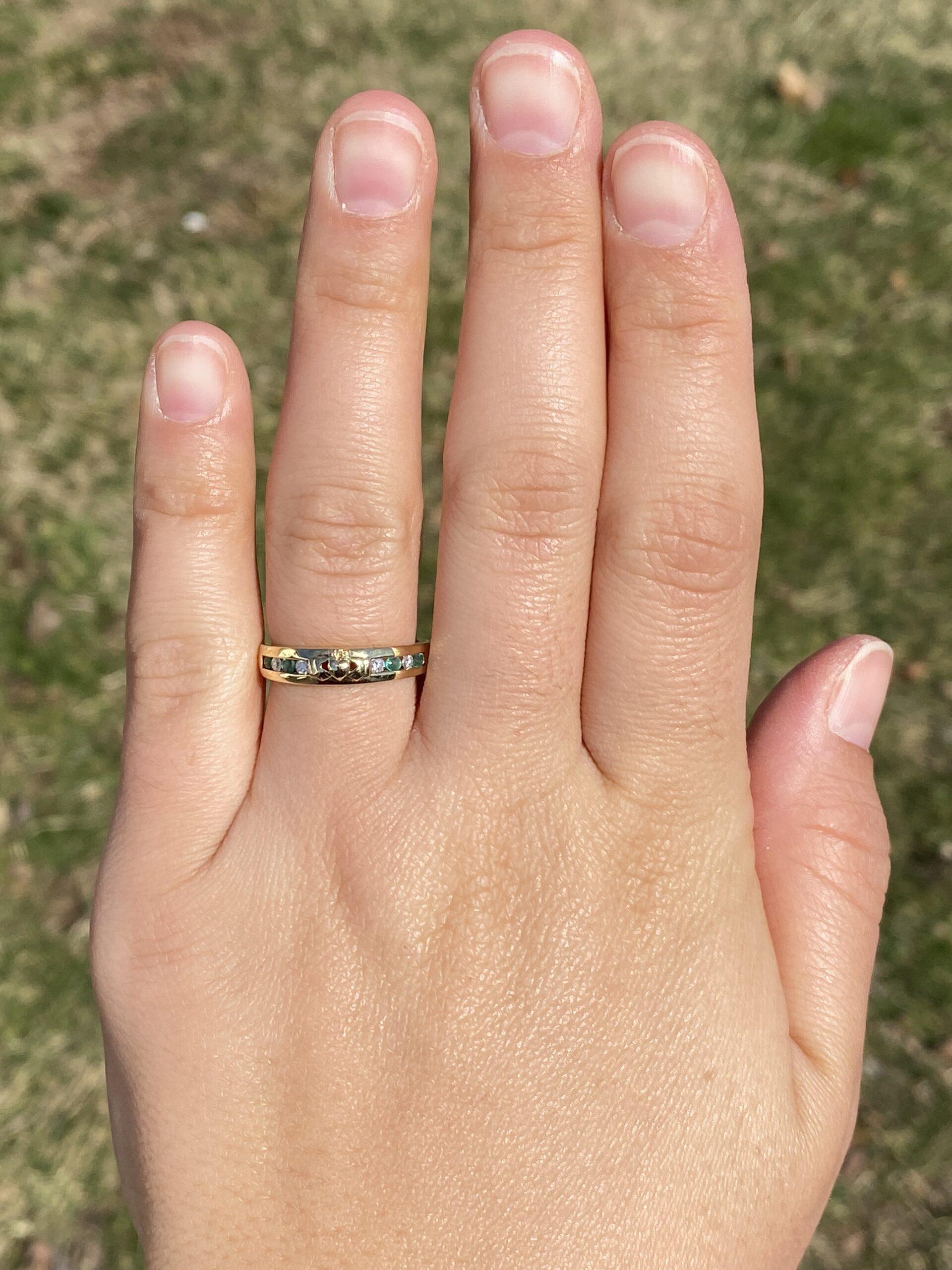 SOLD - The Deepi: Irish Made Claddagh Ring with Emeralds and Natural Diamonds in Yellow Gold - Image 8