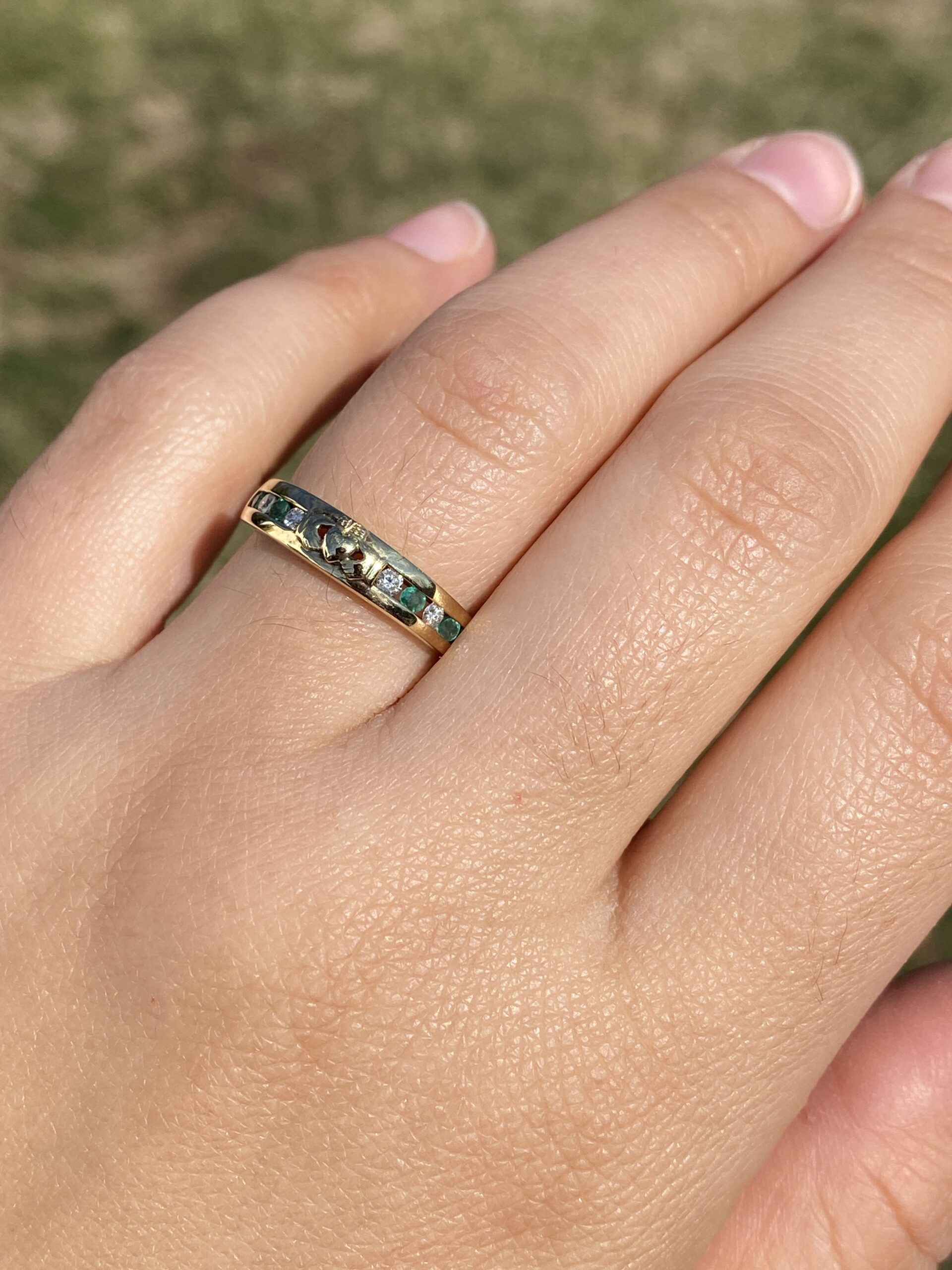 SOLD - The Deepi: Irish Made Claddagh Ring with Emeralds and Natural Diamonds in Yellow Gold - Image 9