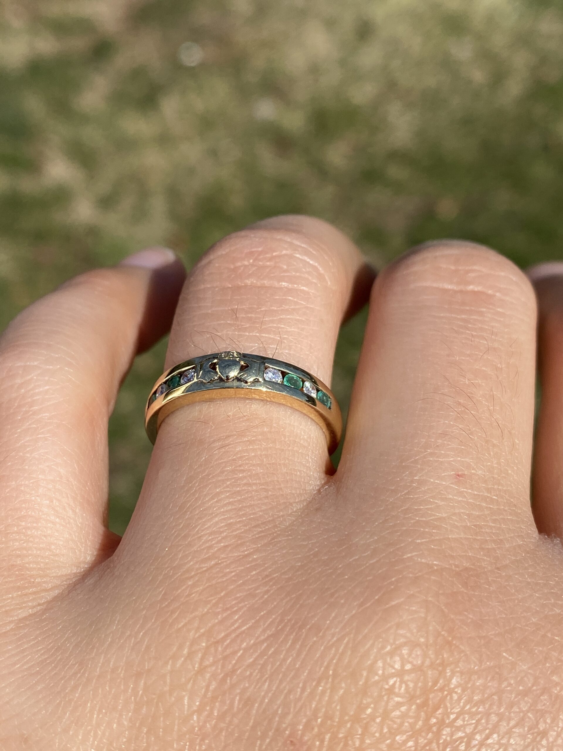 SOLD - The Deepi: Irish Made Claddagh Ring with Emeralds and Natural Diamonds in Yellow Gold - Image 10