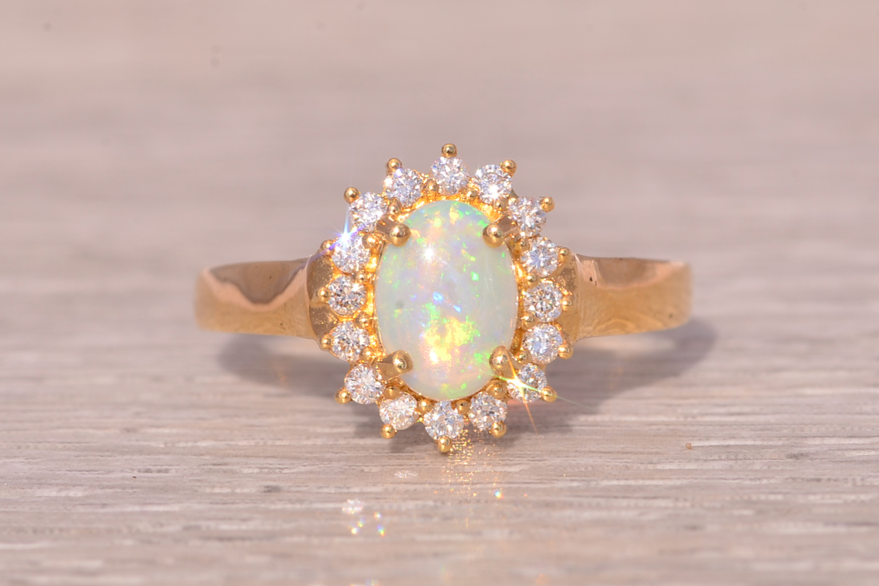 The Enchanted Opal: Natural Australian Opal and Diamond Ring in Yellow Gold - Image 2