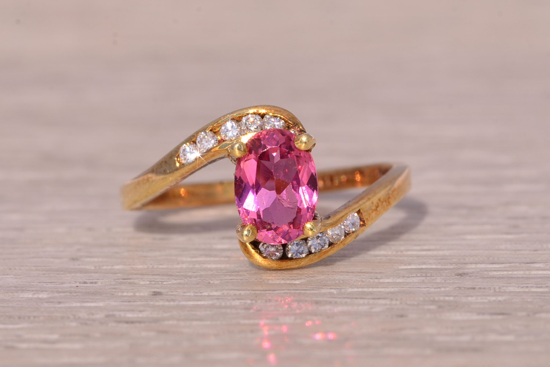 The Celestial Ribbon: Pink Tourmaline and Diamond Ring in Yellow Gold - Image 2
