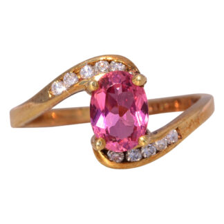 The Celestial Ribbon: Pink Tourmaline and Diamond Ring in Yellow Gold