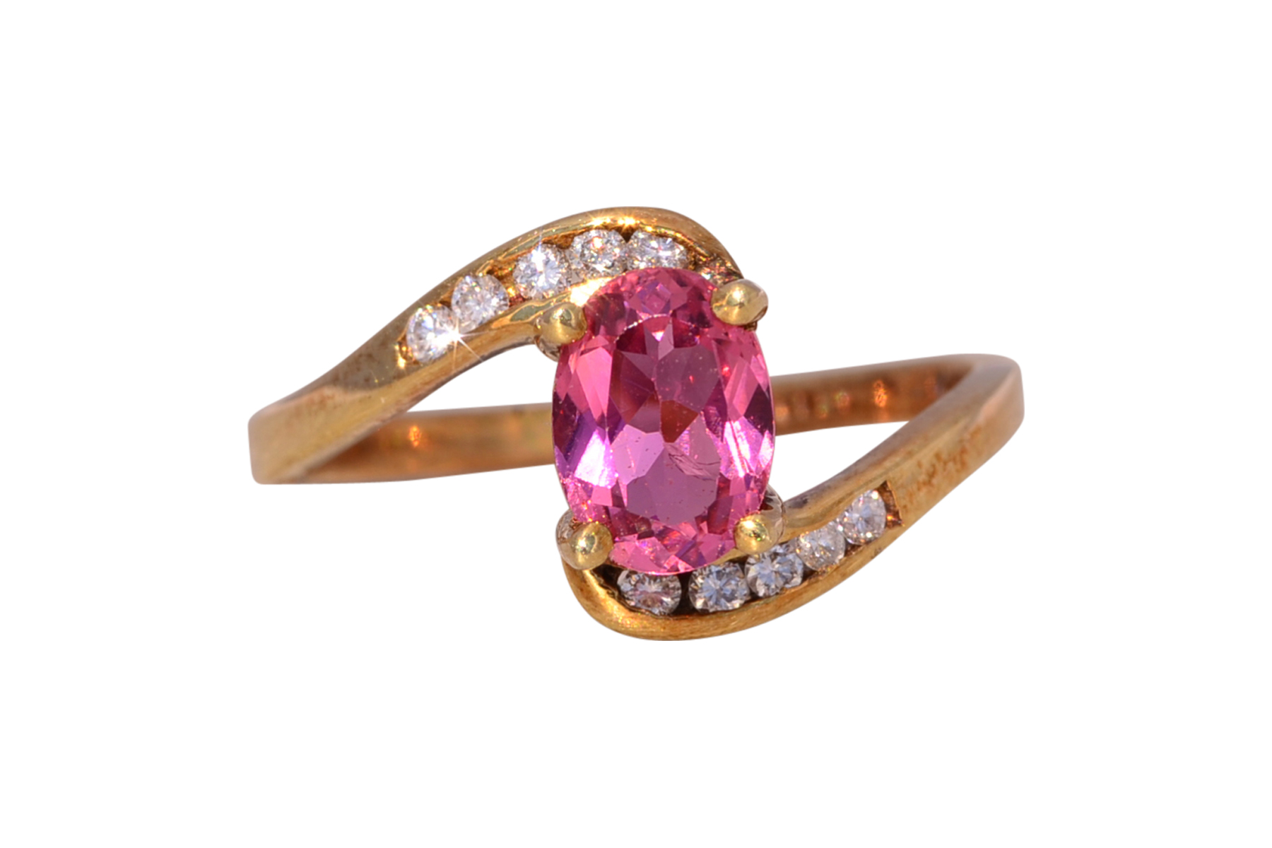 The Celestial Ribbon: Pink Tourmaline and Diamond Ring in Yellow Gold