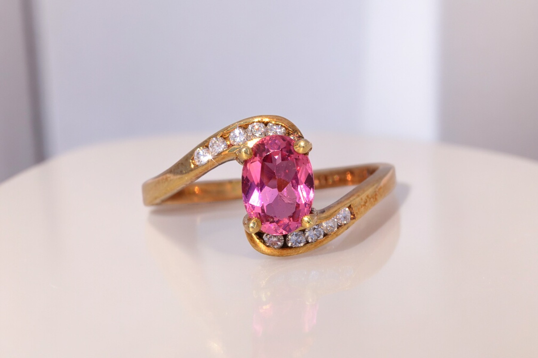 The Celestial Ribbon: Pink Tourmaline and Diamond Ring in Yellow Gold - Image 11