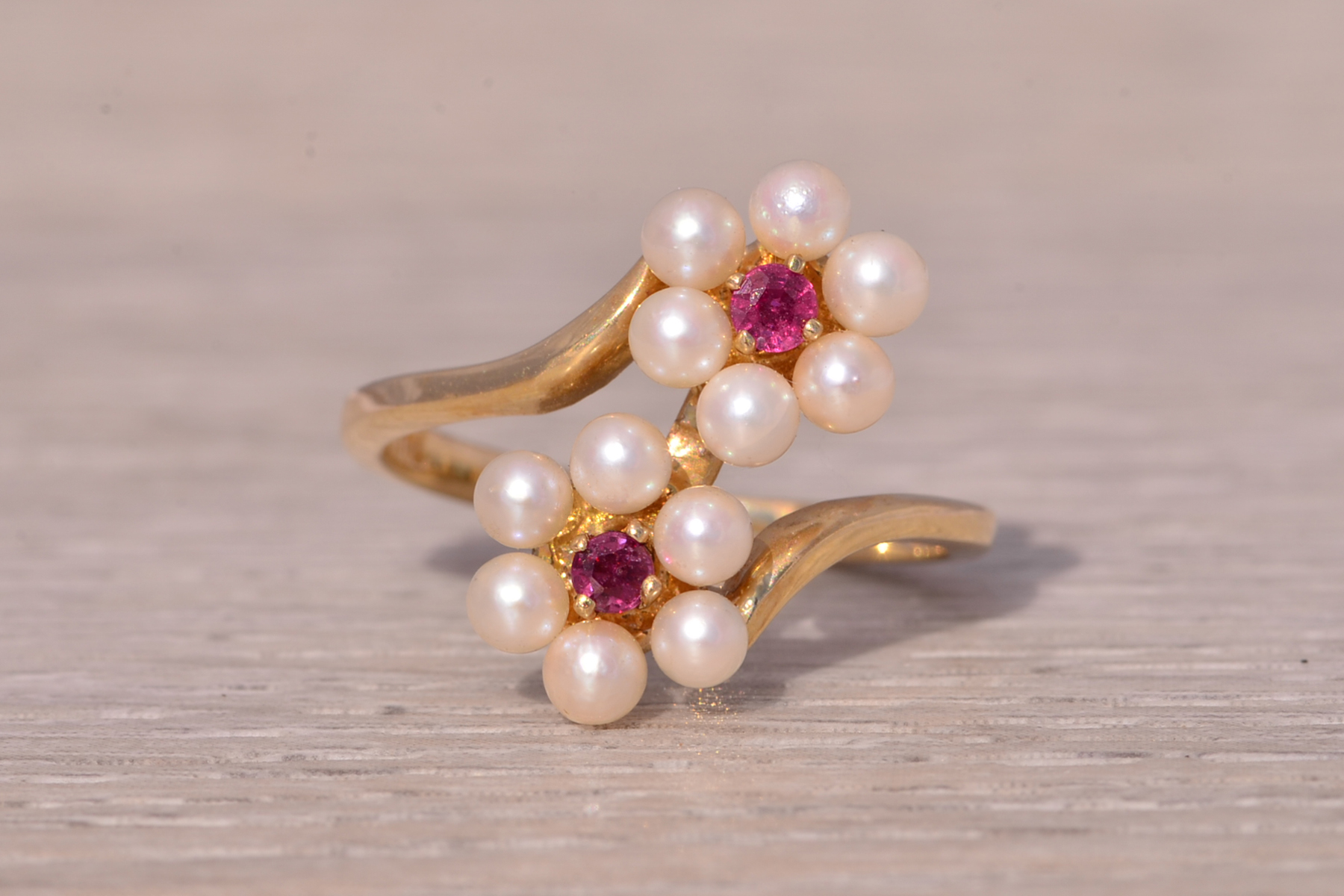 SOLD - The Celestial Blossom: Ruby and Pearl Ring in Yellow Gold - Image 2
