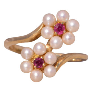 SOLD - The Celestial Blossom: Ruby and Pearl Ring in Yellow Gold