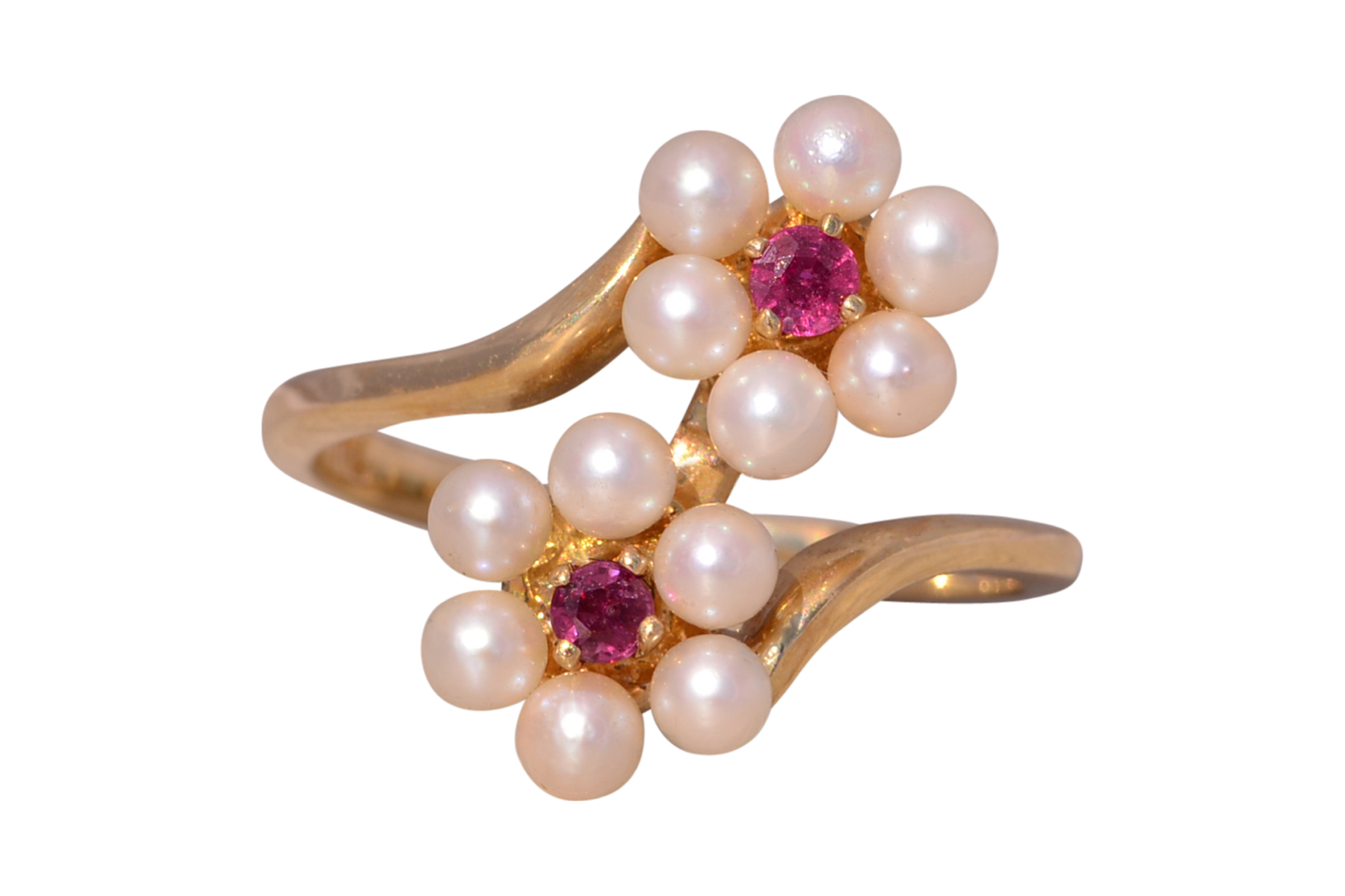 SOLD - The Celestial Blossom: Ruby and Pearl Ring in Yellow Gold