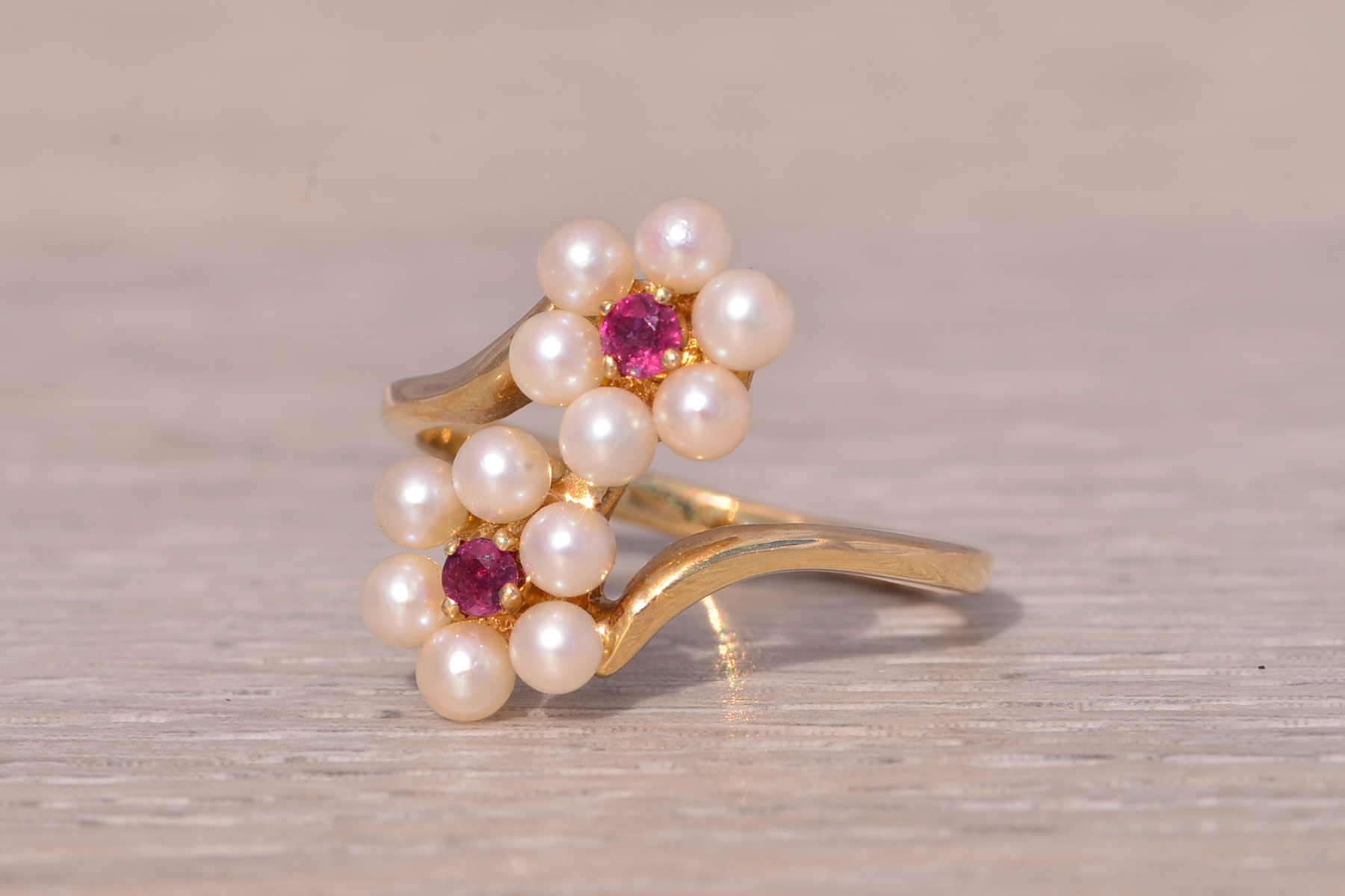 SOLD - The Celestial Blossom: Ruby and Pearl Ring in Yellow Gold - Image 3