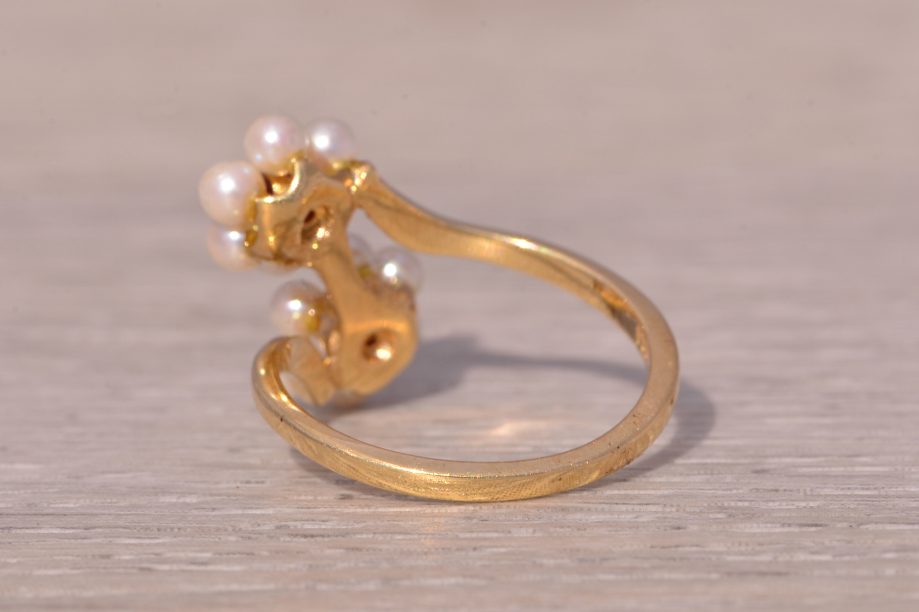 SOLD - The Celestial Blossom: Ruby and Pearl Ring in Yellow Gold - Image 4