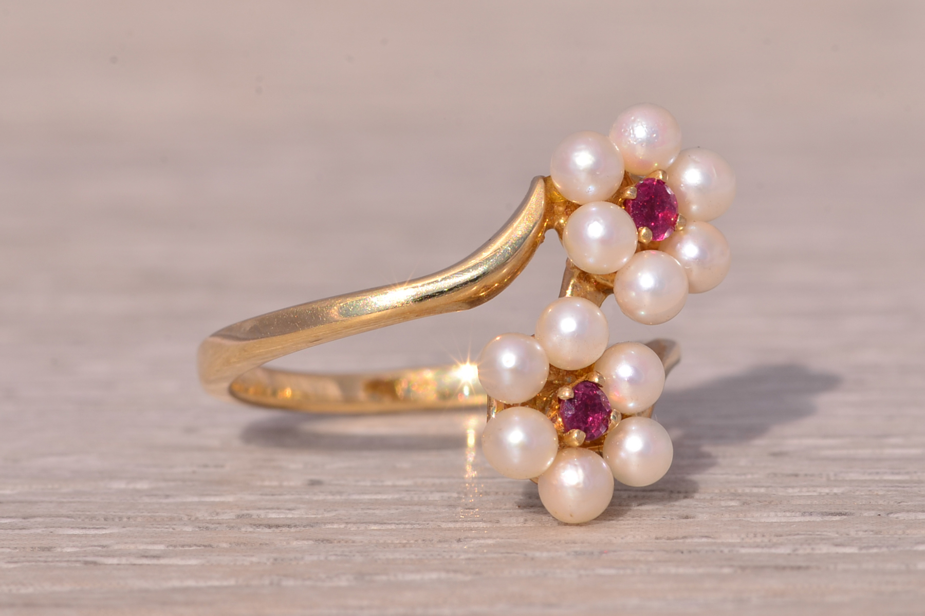 SOLD - The Celestial Blossom: Ruby and Pearl Ring in Yellow Gold - Image 6