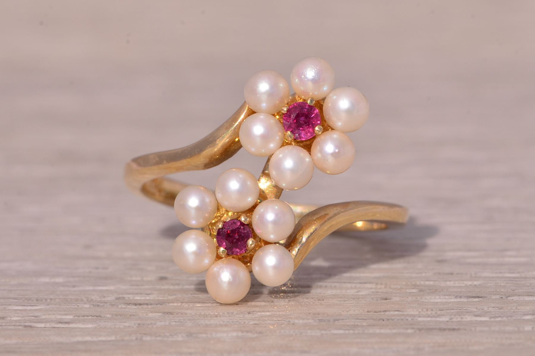 SOLD - The Celestial Blossom: Ruby and Pearl Ring in Yellow Gold - Image 7