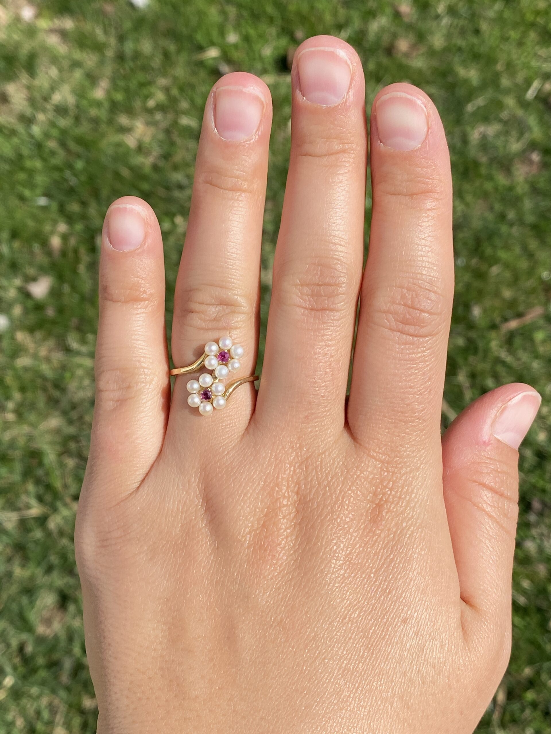 SOLD - The Celestial Blossom: Ruby and Pearl Ring in Yellow Gold - Image 8