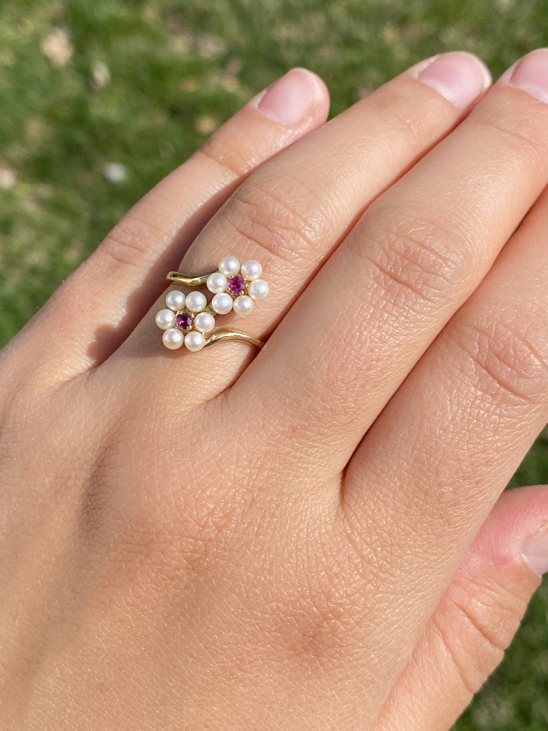 SOLD - The Celestial Blossom: Ruby and Pearl Ring in Yellow Gold - Image 9
