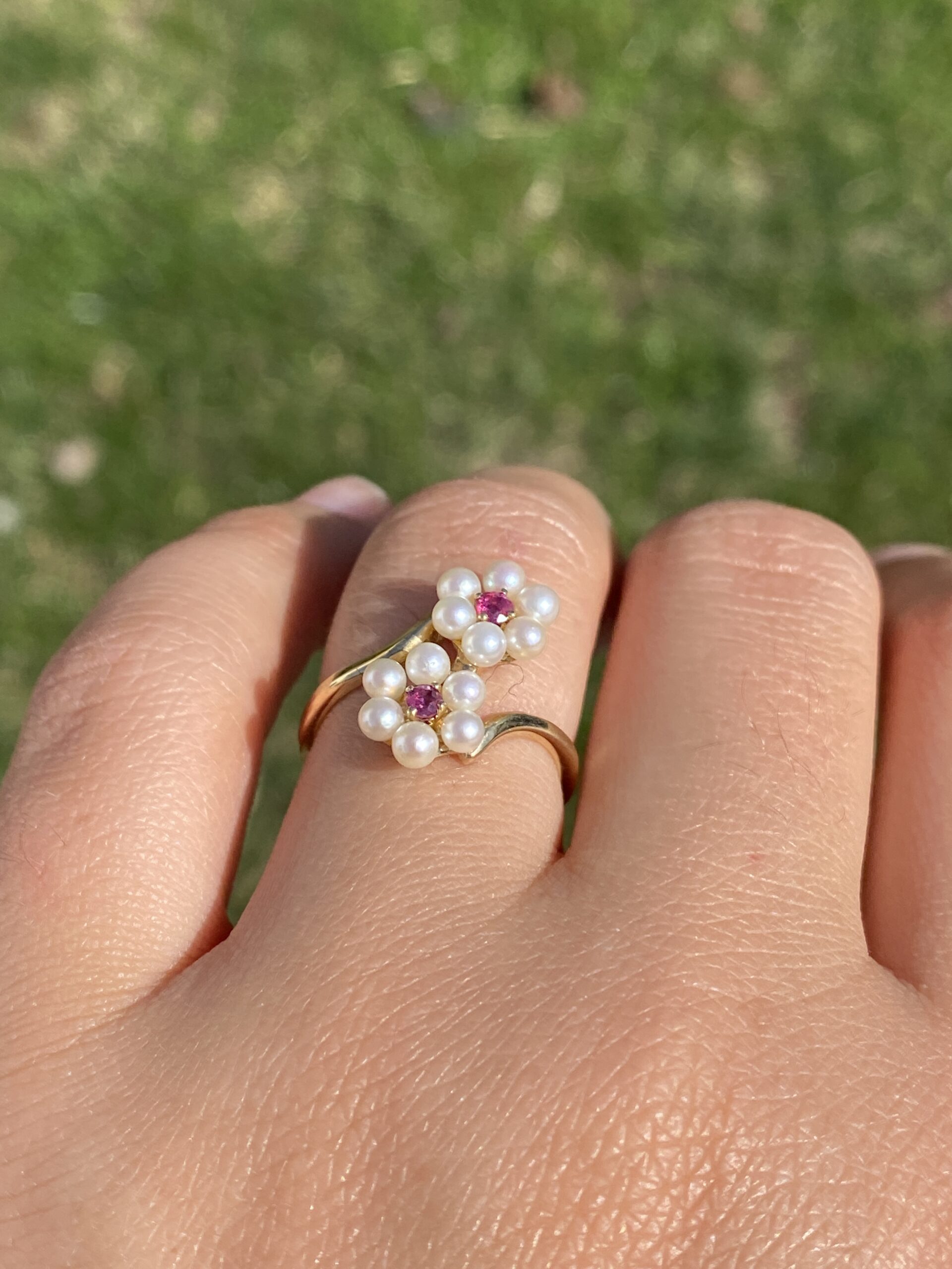 SOLD - The Celestial Blossom: Ruby and Pearl Ring in Yellow Gold - Image 10