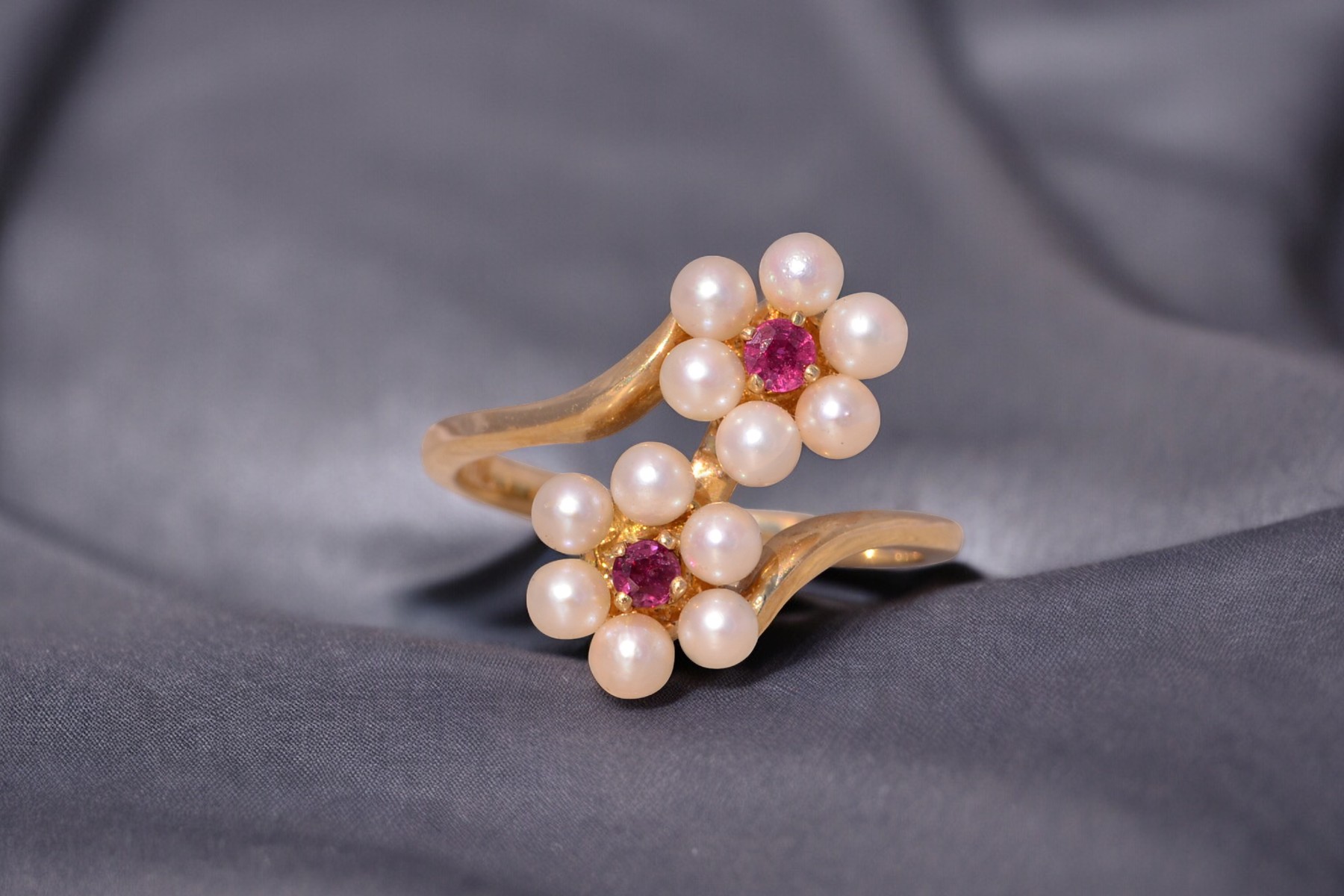 SOLD - The Celestial Blossom: Ruby and Pearl Ring in Yellow Gold - Image 11