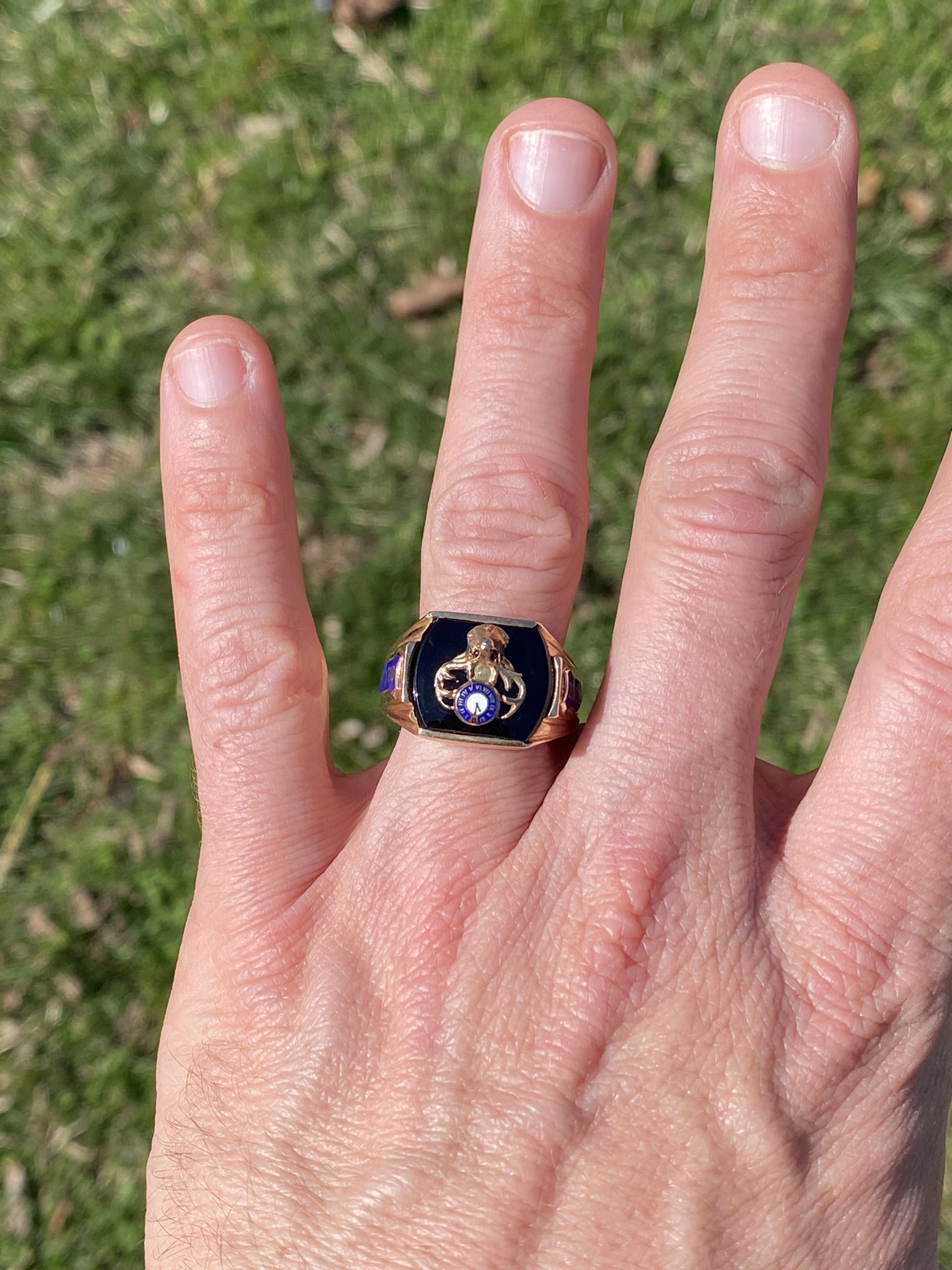 SOLD - The Elk Lodge Heritage: Onyx and Ruby Ring in Yellow Gold - Image 11