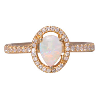 The Halo Opulence: Australian Opal and Natural Diamond Ring in Yellow Gold