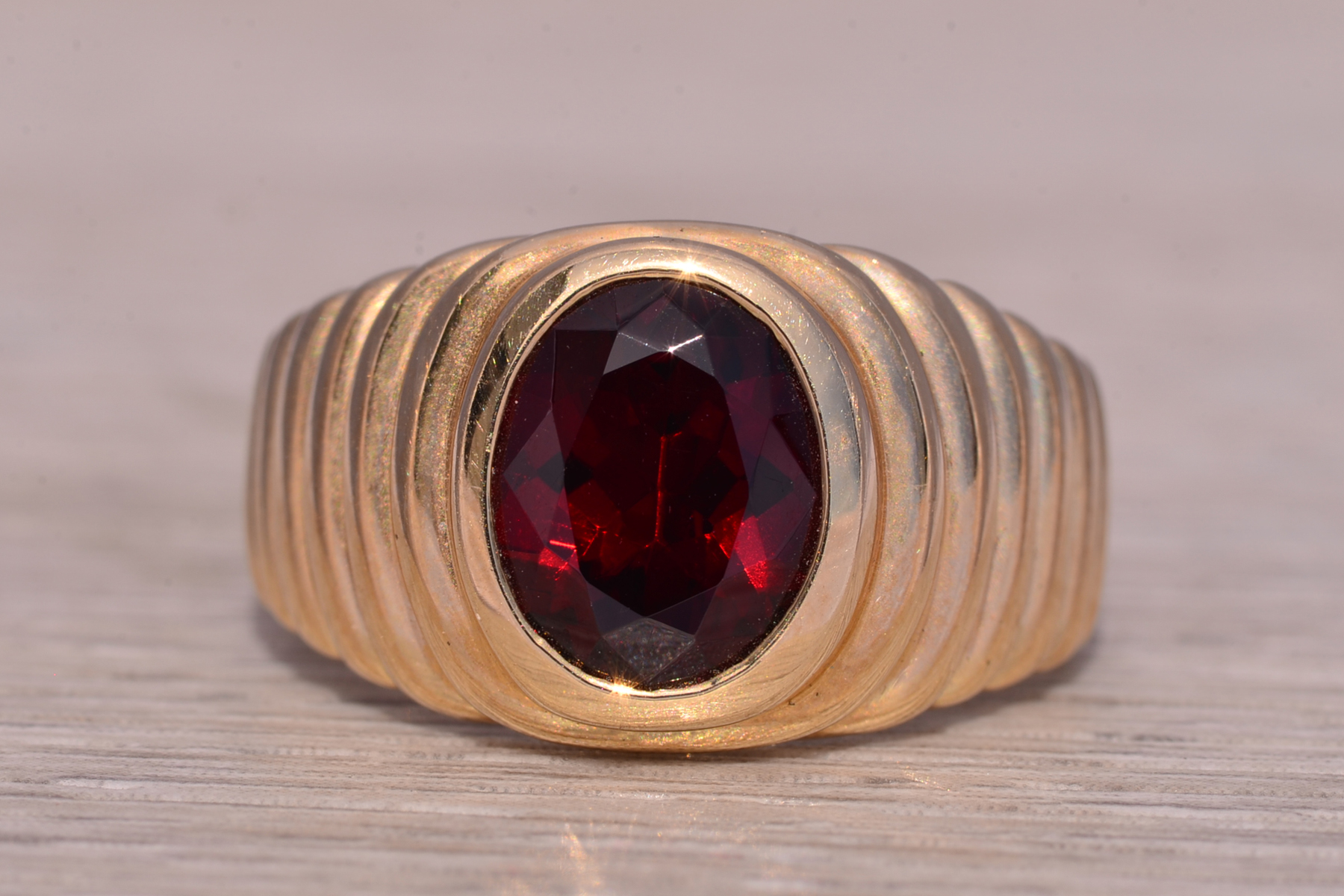 The Claret: Gentleman's Bezel Set Garnet Ring in Yellow Gold - Image 2