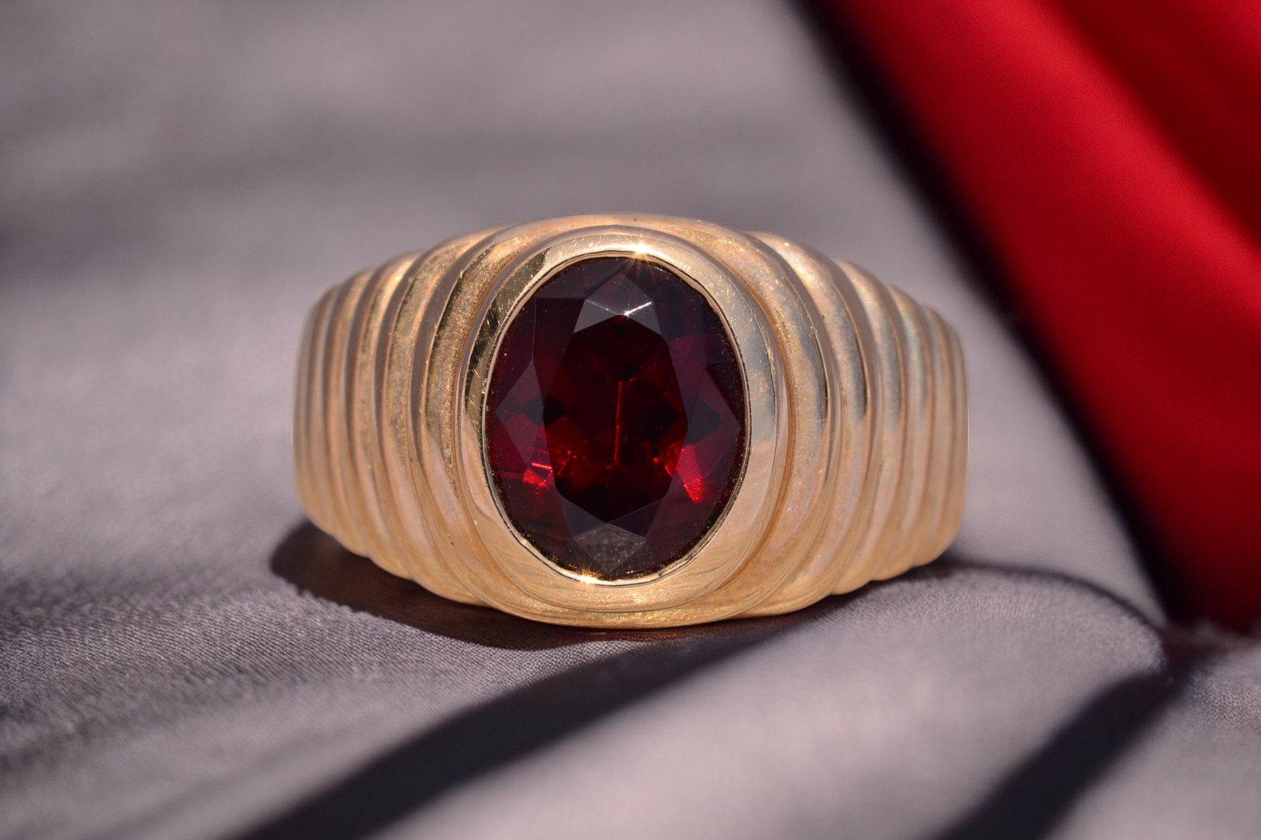 The Claret: Gentleman's Bezel Set Garnet Ring in Yellow Gold - Image 11