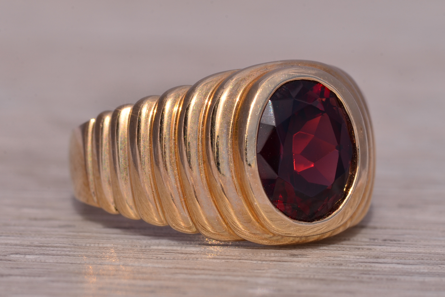 The Claret: Gentleman's Bezel Set Garnet Ring in Yellow Gold - Image 6