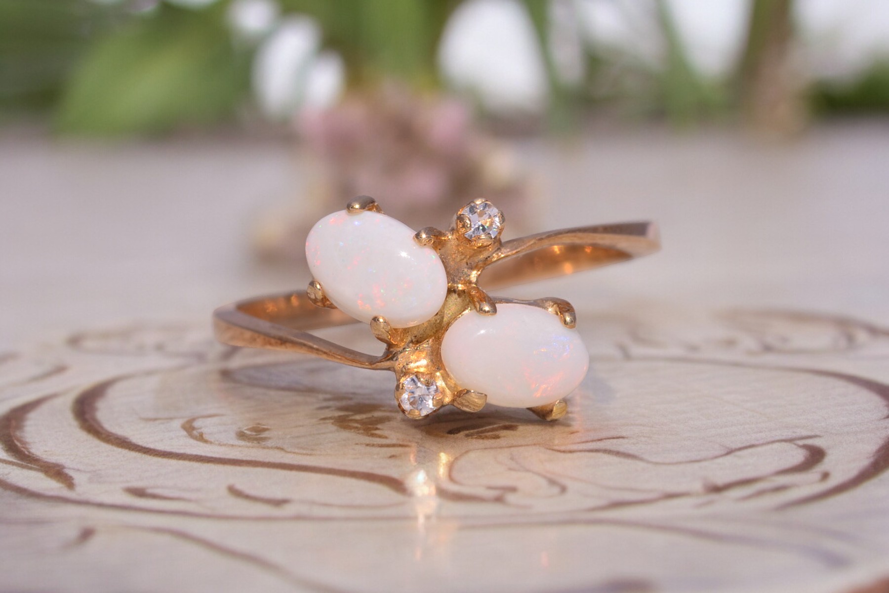 SOLD - The Acco: Toi et Moi Opal and Natural White Sapphire Ring in Yellow Gold - Image 10