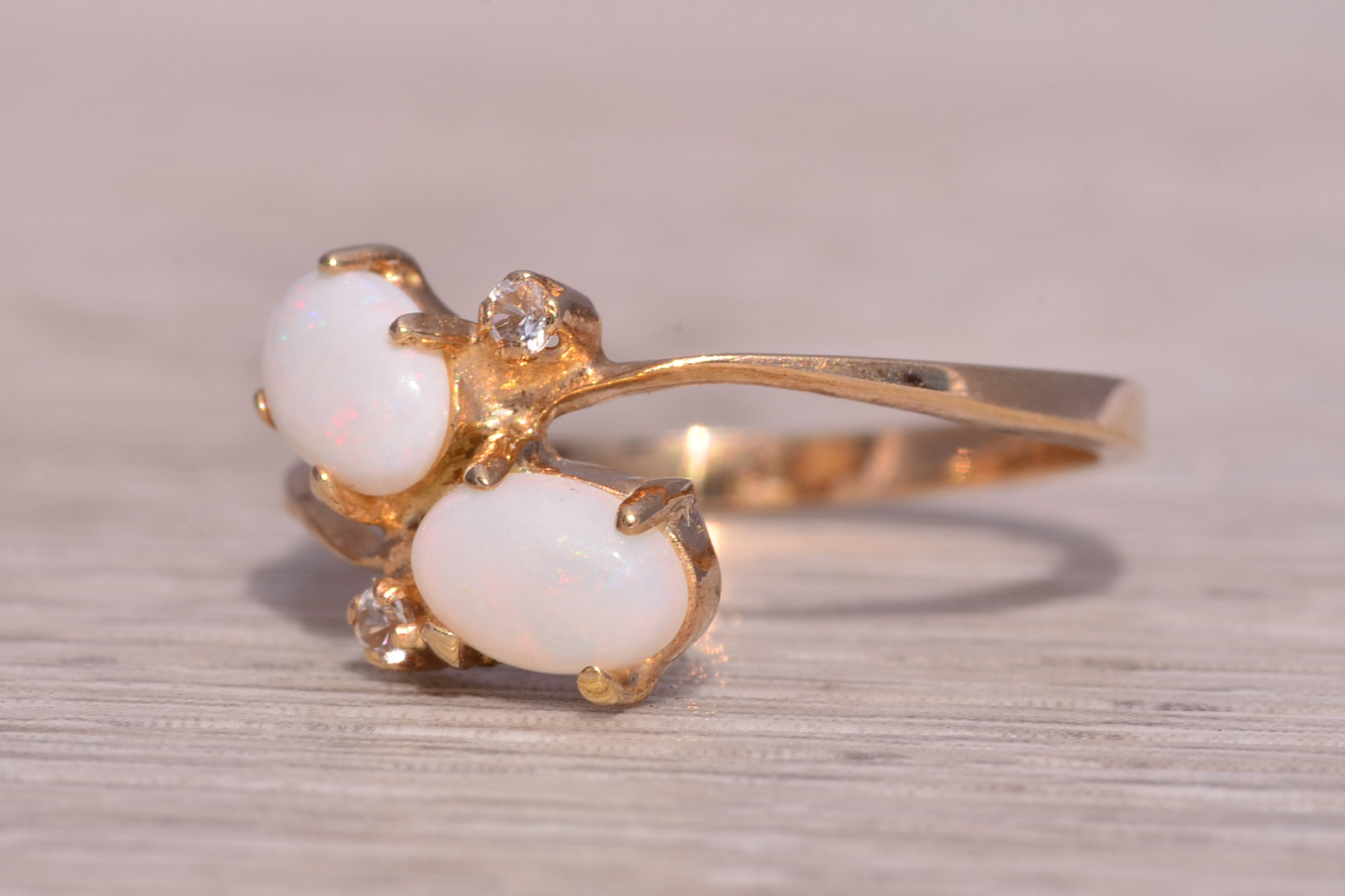 SOLD - The Acco: Toi et Moi Opal and Natural White Sapphire Ring in Yellow Gold - Image 3