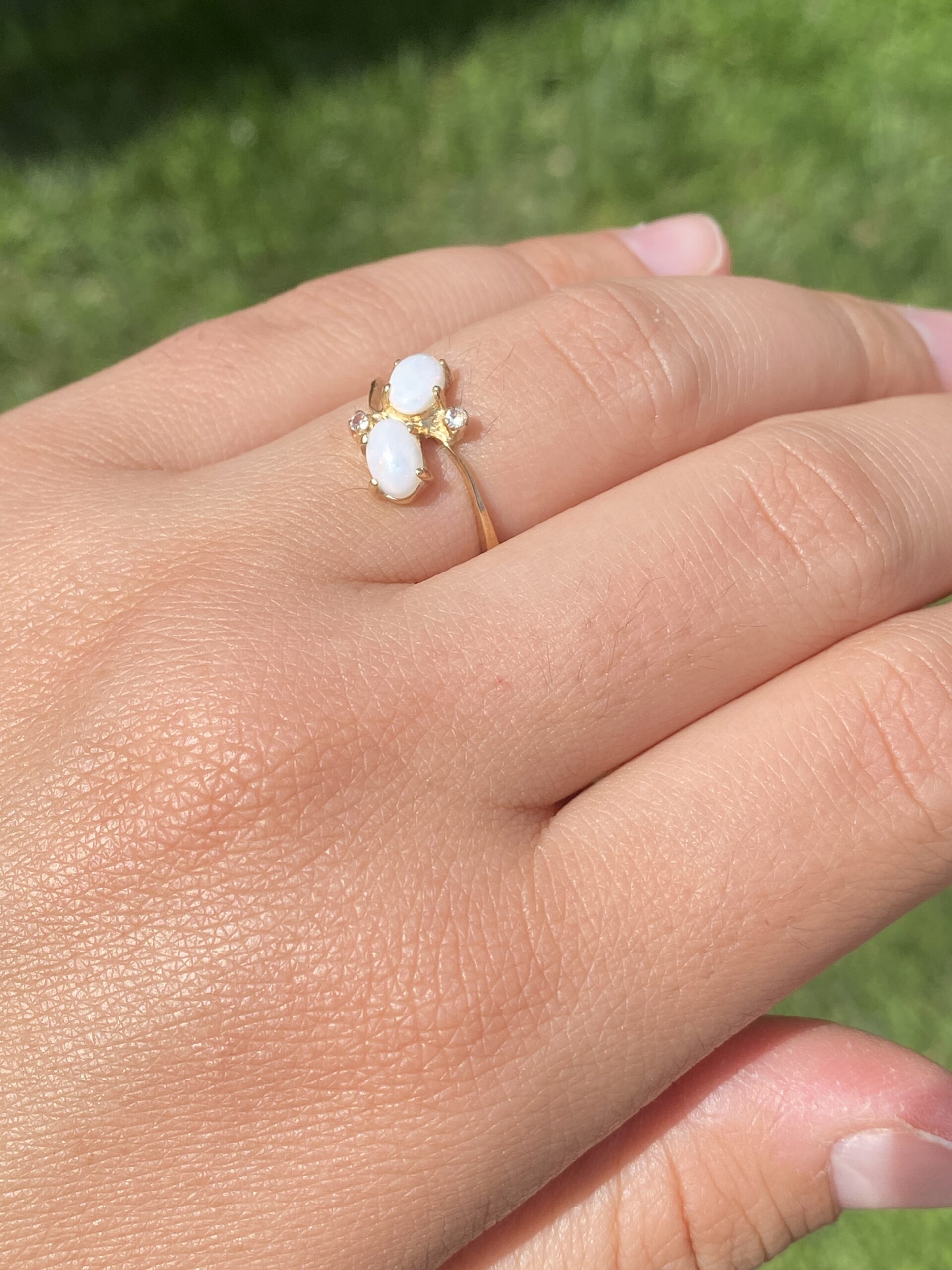 SOLD - The Acco: Toi et Moi Opal and Natural White Sapphire Ring in Yellow Gold - Image 9