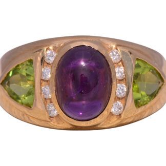 The Pum: Vintage 1980's Amethyst, Peridot, and Natural Diamond Ring in Yellow Gold