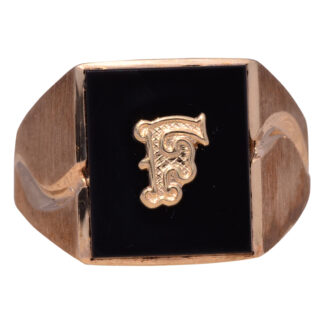 The Fati: Vintage Gentleman's Onyx and Carved F Initial Cocktail Ring in Yellow Gold