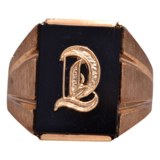 The Lati: Vintage Gentleman's Onyx and Carved L Initial Cocktail Ring in Yellow Gold