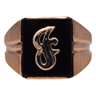 SOLD - The Jati: Vintage Gentleman's Onyx and Carved J Initial Cocktail Ring in Yellow Gold