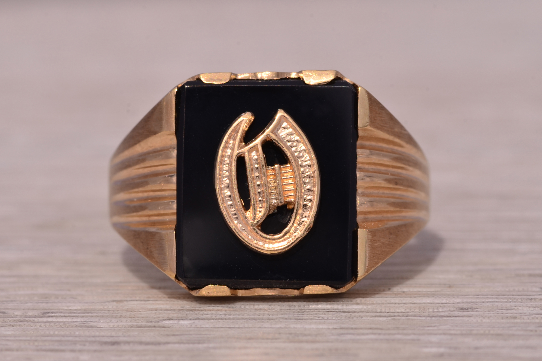 The Dati: Vintage Gentleman's Onyx and Carved D Initial Cocktail Ring in Yellow Gold - Image 2