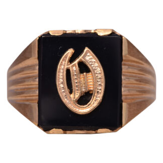 The Dati: Vintage Gentleman's Onyx and Carved D Initial Cocktail Ring in Yellow Gold