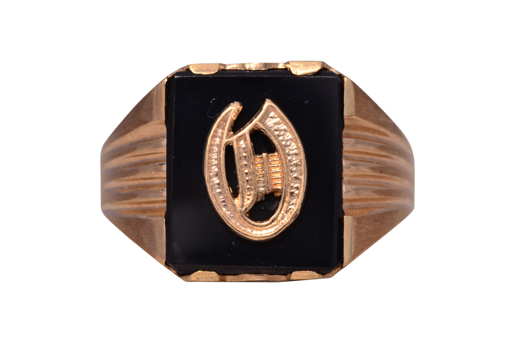 The Dati: Vintage Gentleman's Onyx and Carved D Initial Cocktail Ring in Yellow Gold