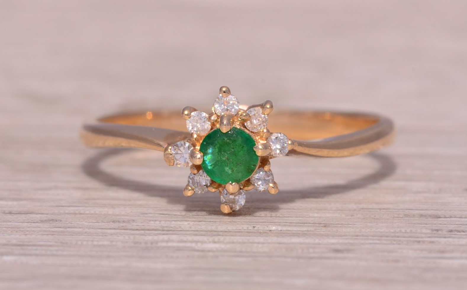 SOLD - The Emerald Blossom: Emerald and Natural Diamond Ring in Yellow Gold - Image 2