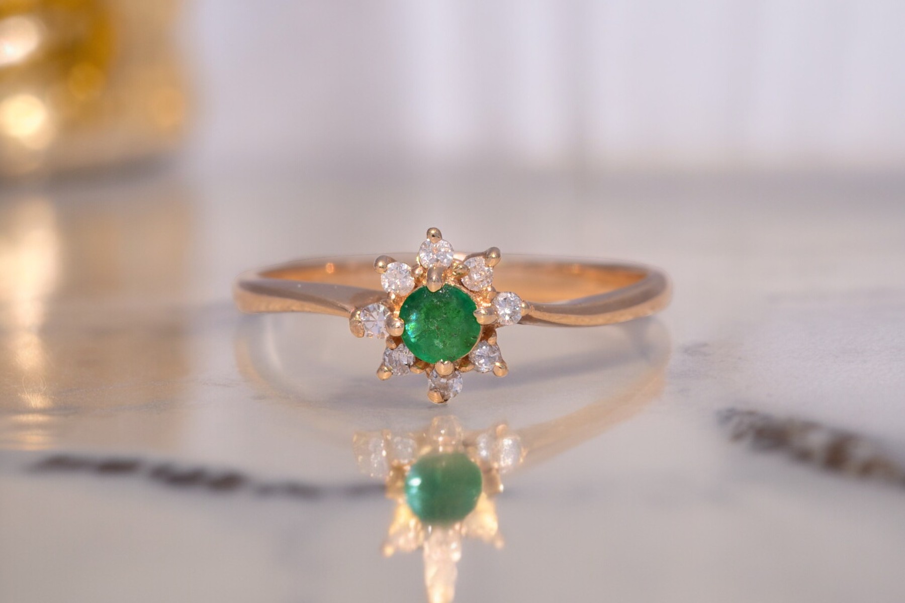 SOLD - The Emerald Blossom: Emerald and Natural Diamond Ring in Yellow Gold - Image 11