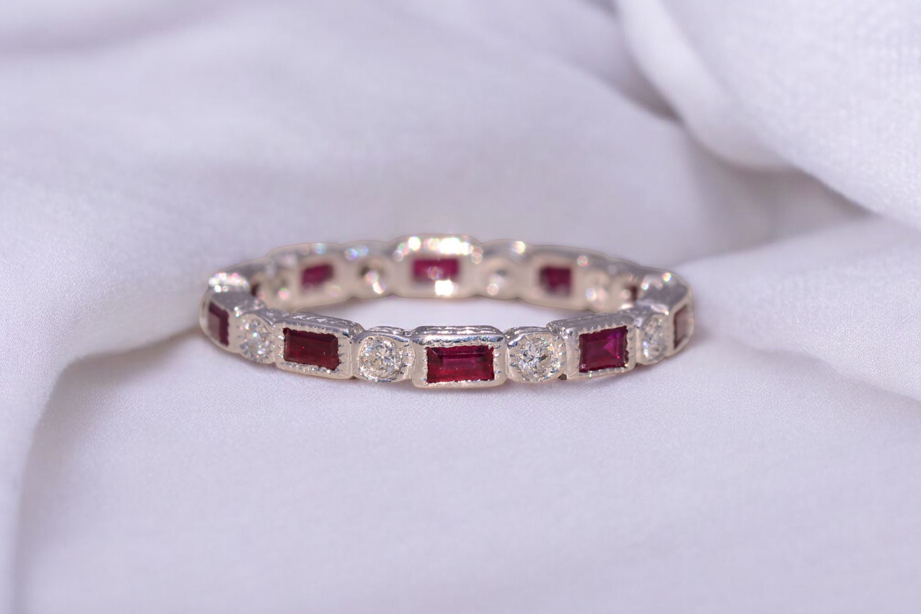 SOLD - The Scarlet Spark: Ruby and Natural Diamond Eternity Band in White Gold - Image 8