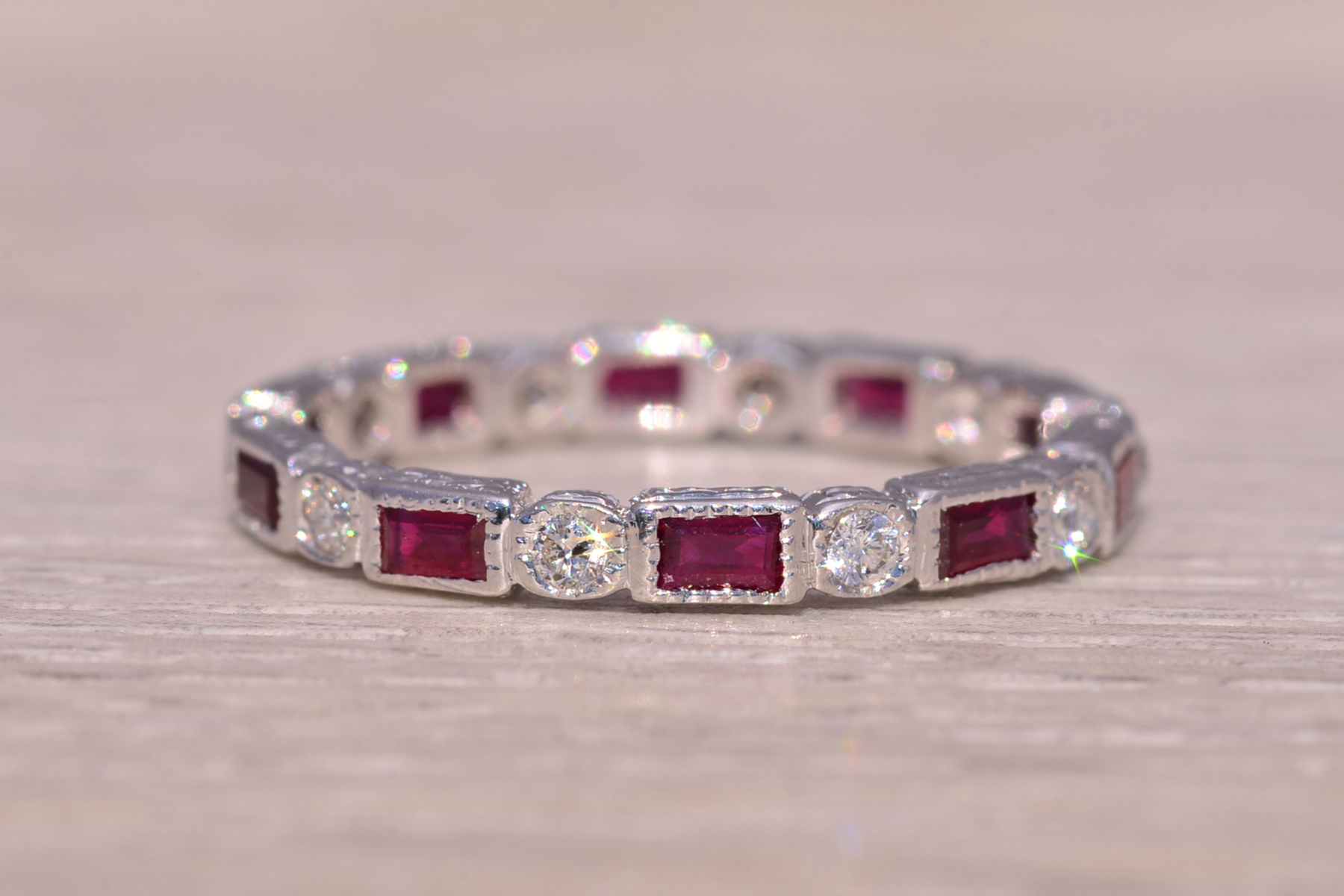 SOLD - The Scarlet Spark: Ruby and Natural Diamond Eternity Band in White Gold - Image 3