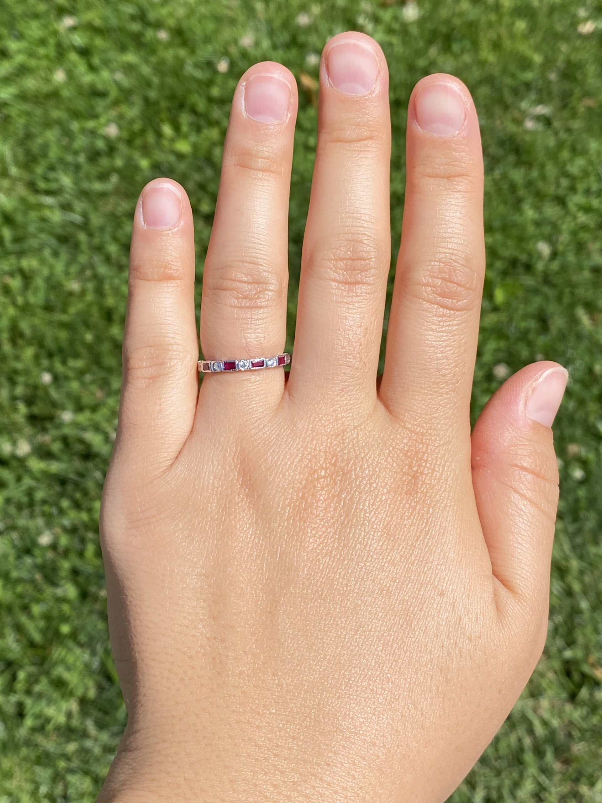SOLD - The Scarlet Spark: Ruby and Natural Diamond Eternity Band in White Gold - Image 5