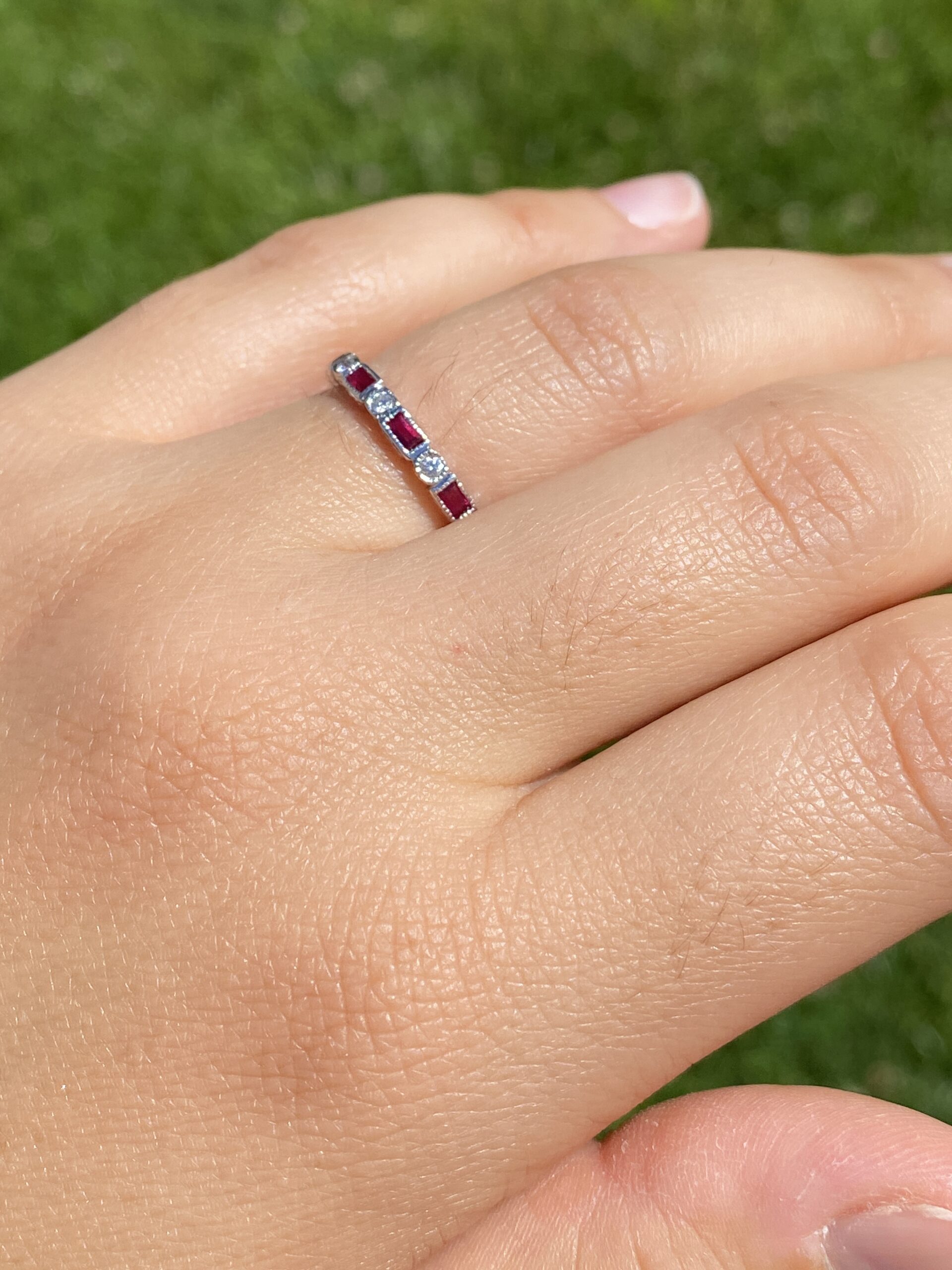 SOLD - The Scarlet Spark: Ruby and Natural Diamond Eternity Band in White Gold - Image 6
