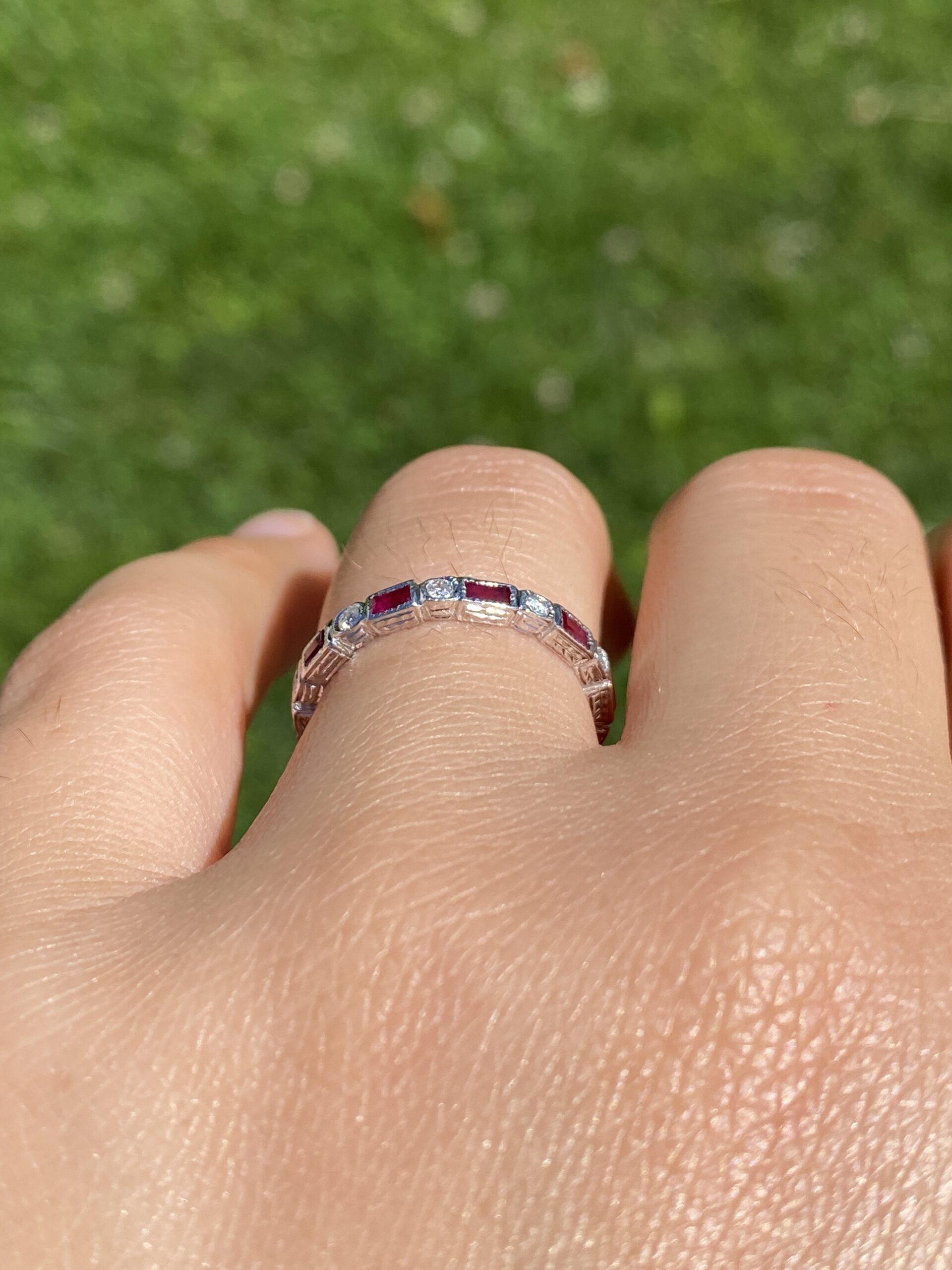 SOLD - The Scarlet Spark: Ruby and Natural Diamond Eternity Band in White Gold - Image 7