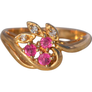 The Blushing Bloom: Ruby and Diamond Floral Ring in Yellow Gold