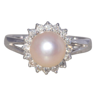 The Luminous Halo: Vintage Pearl & Diamond Ring in 14k White Gold