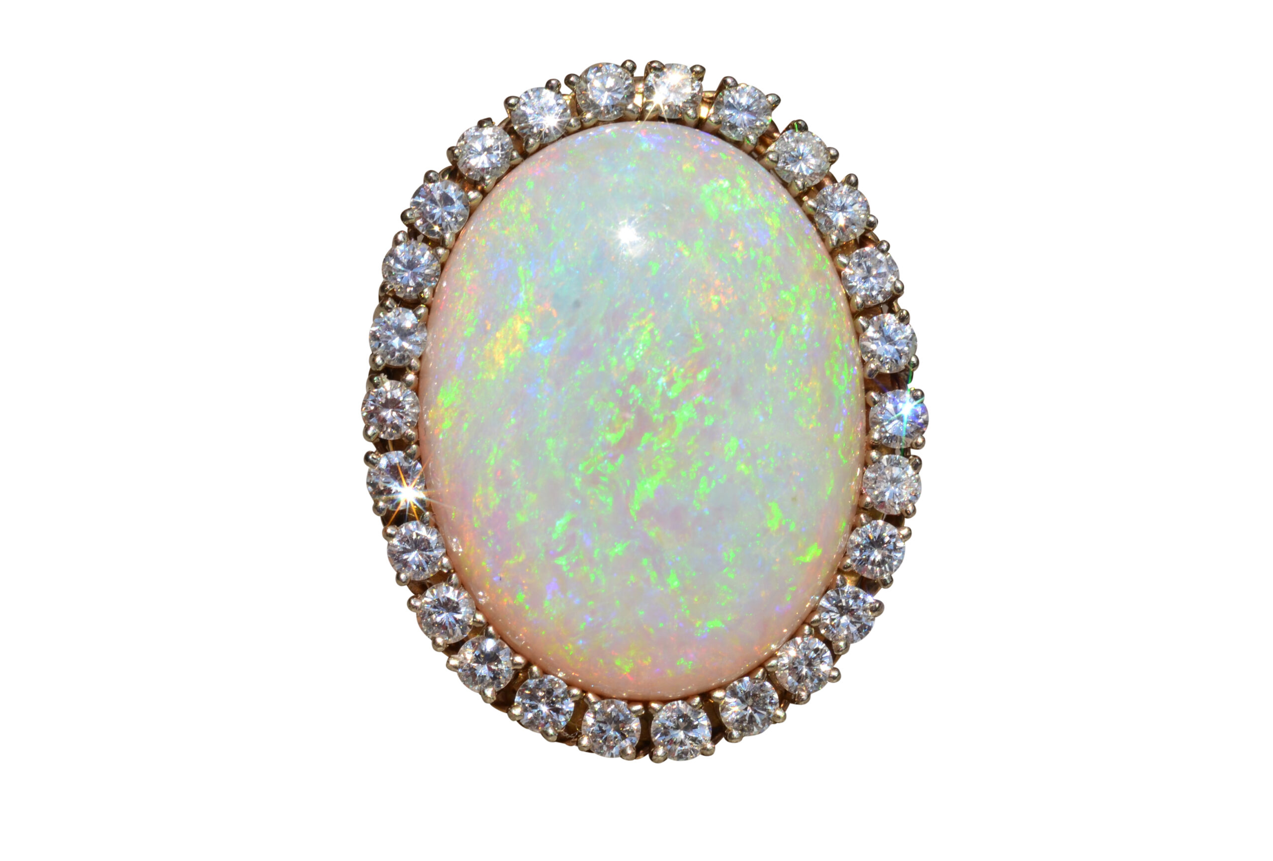 The Lilly: Impressive 14 karat yellow and white gold ring set with a 22 carat Australian opal and diamonds