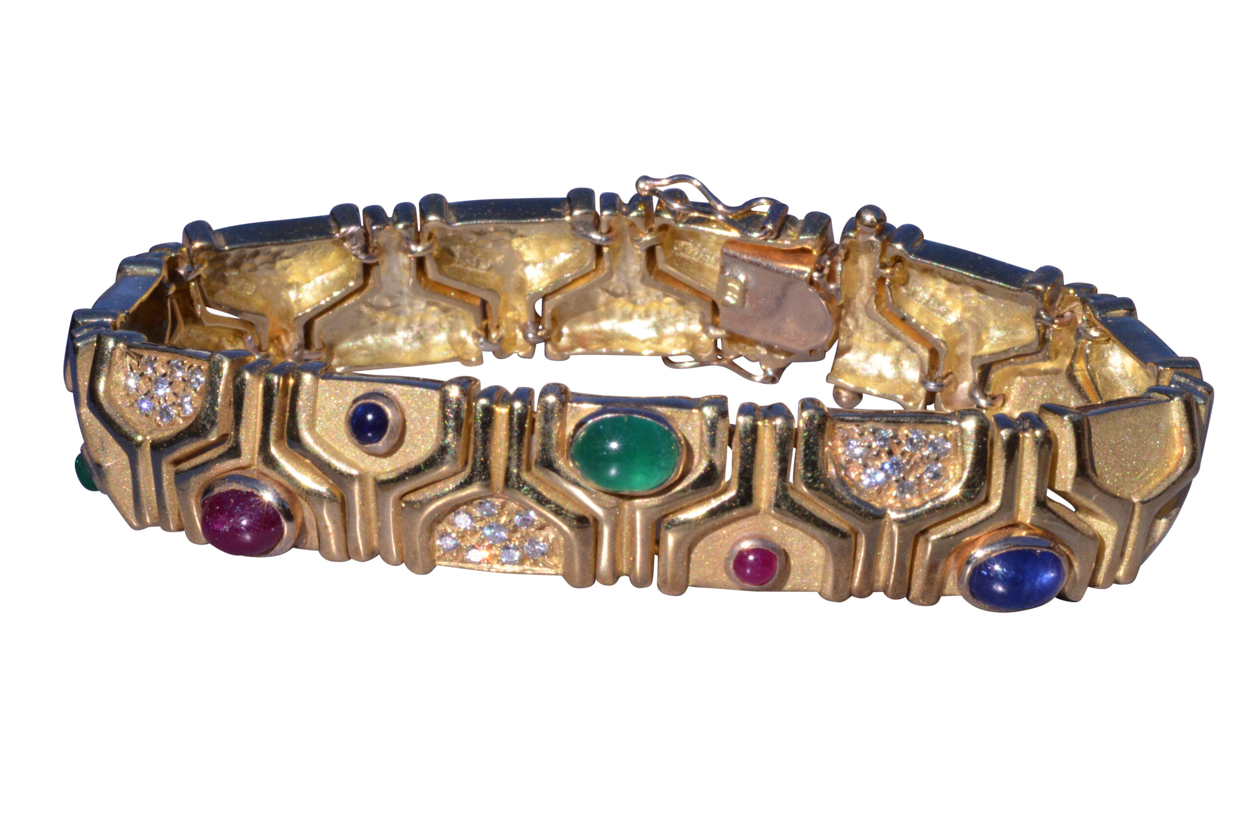 SOLD - The Reagan: Vintage Modernist bracelet set with Ruby, Emerald, Sapphire and Diamonds